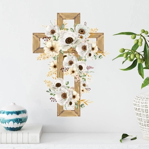 Easter cross wall sticker with white anemones and floral greens on a wooden texture