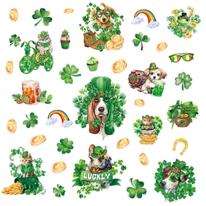 St. Patrick's Day window decals with lucky animals, clovers, and rainbow decor elements