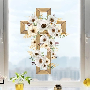 Easter cross window sticker with white anemones and golden branches for home decor