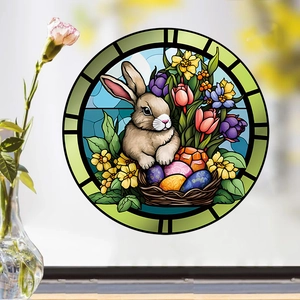 Easter bunny static window sticker with eggs and tulips in colorful glass style
