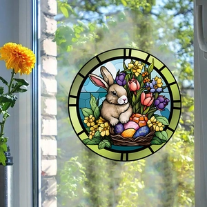 Round Easter stained glass window decal with cartoon bunny and colorful flower pattern