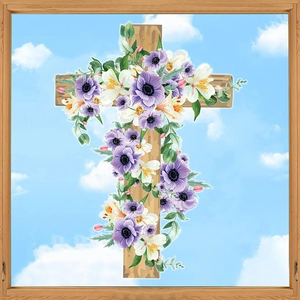 Detail of wooden cross wall sticker with purple anemones and white lilies on glass