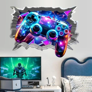 3D Gebrochene Wand Game Controller Wandaufkleber Neon Cyberpunk PVC Aufkleber Für Gamer Zimmer Jungen Schlafzimmer Home Deko