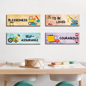 Set of 4 wooden excavator wall plaques with inspirational quotes for boys' bedroom decor