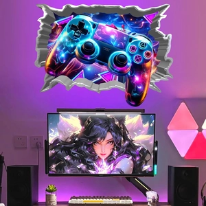 3D-Neon-Game-Controller-Wandaufkleber mit kreativem Mauerdurchbruch-Effekt für Gaming-Zimmer