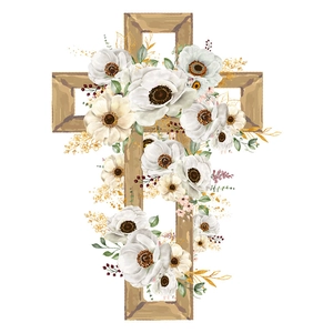 Easter wooden cross window sticker with white flowers and golden plant leaf details