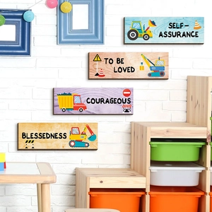 Set of 4 motivational wooden construction vehicle wall signs for a boy room decor