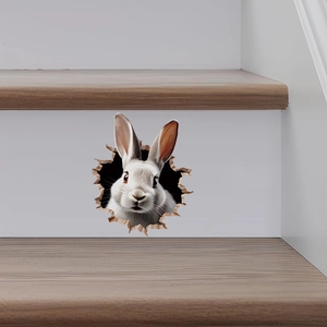 3D realistic white bunny wall sticker appearing from a cracked hole on wooden stairs
