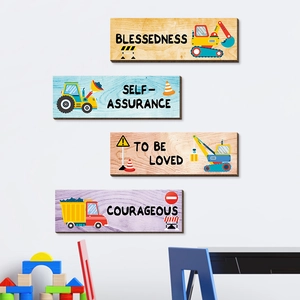 Cartoon Construction Vehicle Wooden Signs Inspirational Quotes Wall Decor For Boys Kids Room Nursery Wooden Wall Art