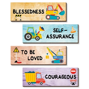 Set of 4 wooden nursery wall plaques with colorful cartoon excavators and inspiring quotes