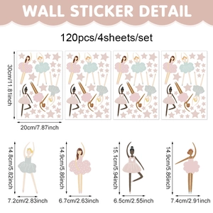 Boho ballet girl wall sticker set with stars for kids bedroom 120pcs 4 sheets