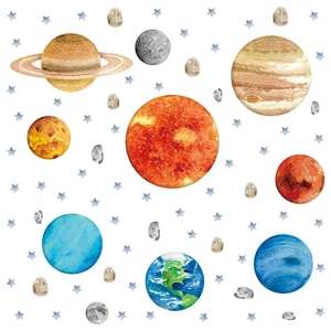 Aquarell Sonnensystem Wandtattoo mit Planeten und Sternen für Kinderzimmer Deko