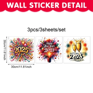 Three-piece set of Happy New Year 2025 static window clings with fireworks and champagne