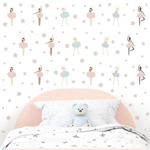 Boho style ballerina wall decals with pink stars for nursery and girls bedroom decor