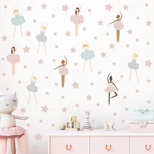 Bohemian ballet girl wall stickers with pink stars for nursery and kids' room decor