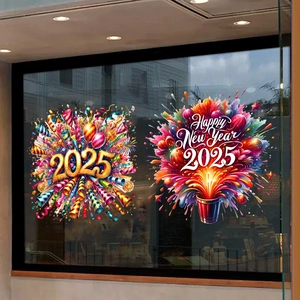 Happy New Year 2025 Fireworks Champagne Static Window Cling PVC Glass Stickers For Shop Storefront Home Party Decoration