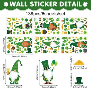 Detailed sheet dimensions of St. Patrick's Day gnome and clover wall sticker set