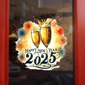 Champagne and fireworks Happy New Year 2025 static window decals for holiday decor