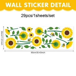 Detailed sheet of 29pcs sunflower and bee wall stickers with precise size measurements