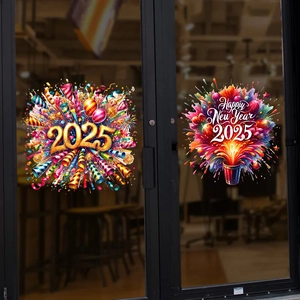 2025 New Year fireworks static window clings with Happy New Year gold balloon decals