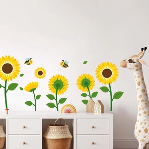 Cute sunflower wall decals with bees and leaves for nursery or kids room decoration
