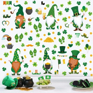 St. Patrick's Day window decals with gnomes, clovers, and gold coins for holiday decor
