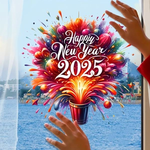Vibrant 2025 Happy New Year champagne firework static window clings for festive decoration