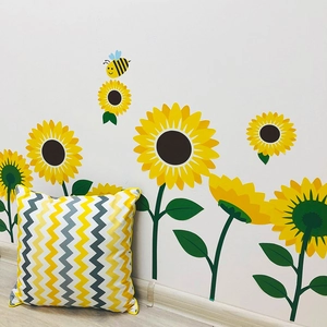 Spring sunflower wall stickers with cartoon bees and matching yellow wave pattern pillow