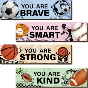Lot de 4 plaques murales sportives inspirantes pour chambre de garçon avec thèmes de ballons