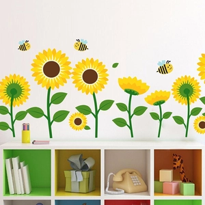 Cartoon Sunflower And Bee PVC Wall Stickers For Classroom Kids Room Nursery Decorative Waterproof Printed Flower Wall Decals