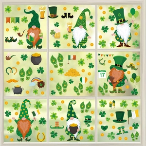 St. Patrick's Day window static stickers featuring gnomes, shamrocks and gold coin pots