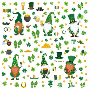 St. Patrick's Day gnome stickers set with clovers and gold coins on white background
