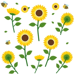 Cartoon sunflower wall stickers with cute bees for kids room decoration and classroom art