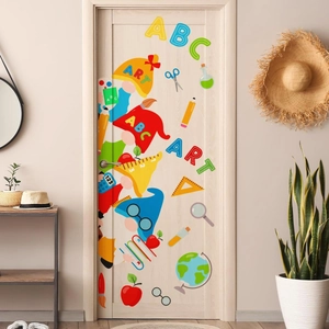Stickers de porte gnomes ABC avec éléments d'art et de science sur porte en bois