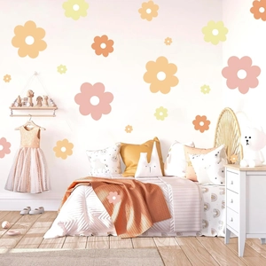 Détails des stickers muraux marguerites bohèmes aux tons macarons doux pour chambre d'enfant