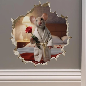 3D mouse hole wall sticker featuring a cute mouse with a rose in a bedroom scene