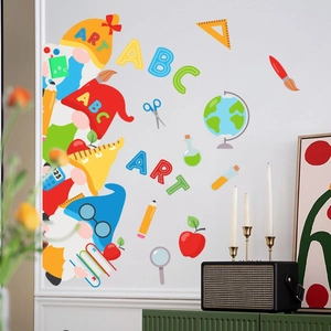 Stickers muraux éducatifs avec gnome, lettres ABC et fournitures pour décor de classe