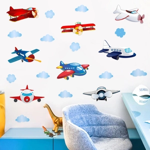 Cartoon airplane and clouds wall decals for kids bedroom decor with multiple colors