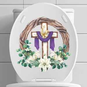 Easter Cross Wall Sticker PVC Floral Lily Wreath Purple Ribbon Religious Home Decor For Toilet Lid Window Decoration