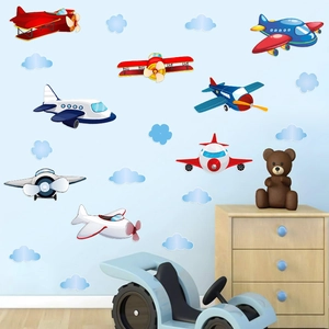 Cartoon airplane and blue clouds wall stickers for kids room wall decor