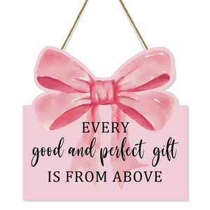 Pink watercolor bow wooden door sign with inspirational quote and rustic jute rope