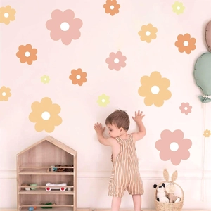 Stickers muraux marguerites bohèmes avec fleurs roses et jaunes pour chambre d'enfant