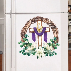 Easter floral wreath cross PVC wall sticker with white lilies on white refrigerator