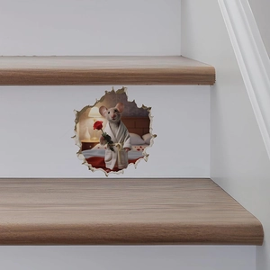 3D wall sticker featuring a cute mouse with a rose in a broken wall hole design