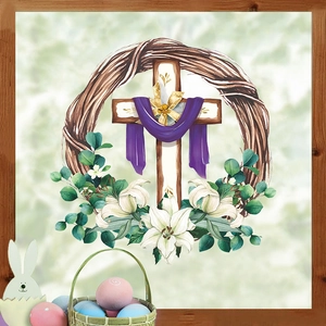 Easter wreath wall sticker featuring wooden cross with white lilies and purple ribbon