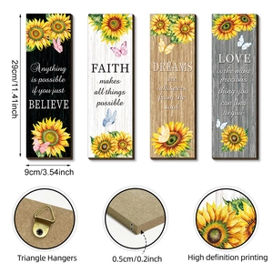 Set of 4 rustic sunflower wooden wall art with motivational quotes and butterfly detail