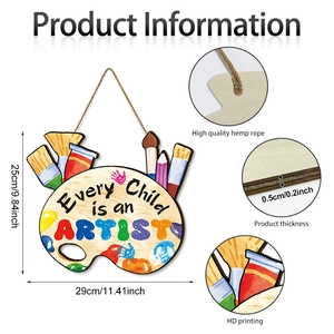 Panneau bois palette 'Every Child is an Artist' avec dimensions et détails