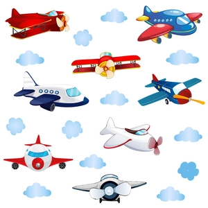 Cartoon airplane wall stickers with colorful jets and clouds for nursery decor