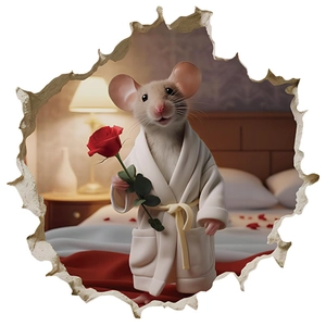 3D mouse hole wall sticker with cute mouse holding red rose for Valentine staircase decor