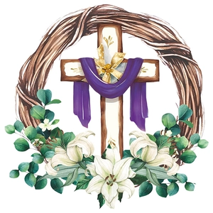 Easter watercolor sticker with cross, purple ribbon and white lilies on white background